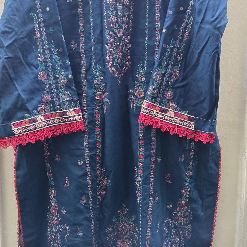 Embroidered Teal Tunic with Pink Accents